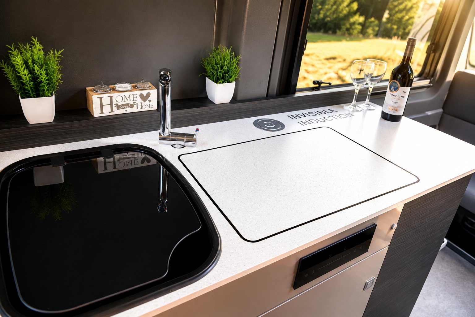 Bossway campervan kitchen with invisible induction hob worktop