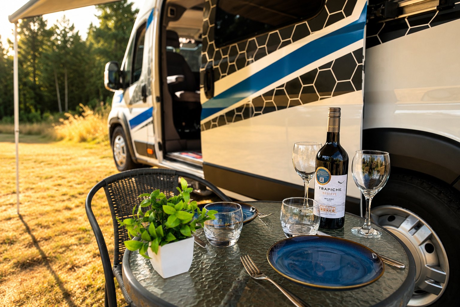 Bossway Horizon campervan with awning at dusk