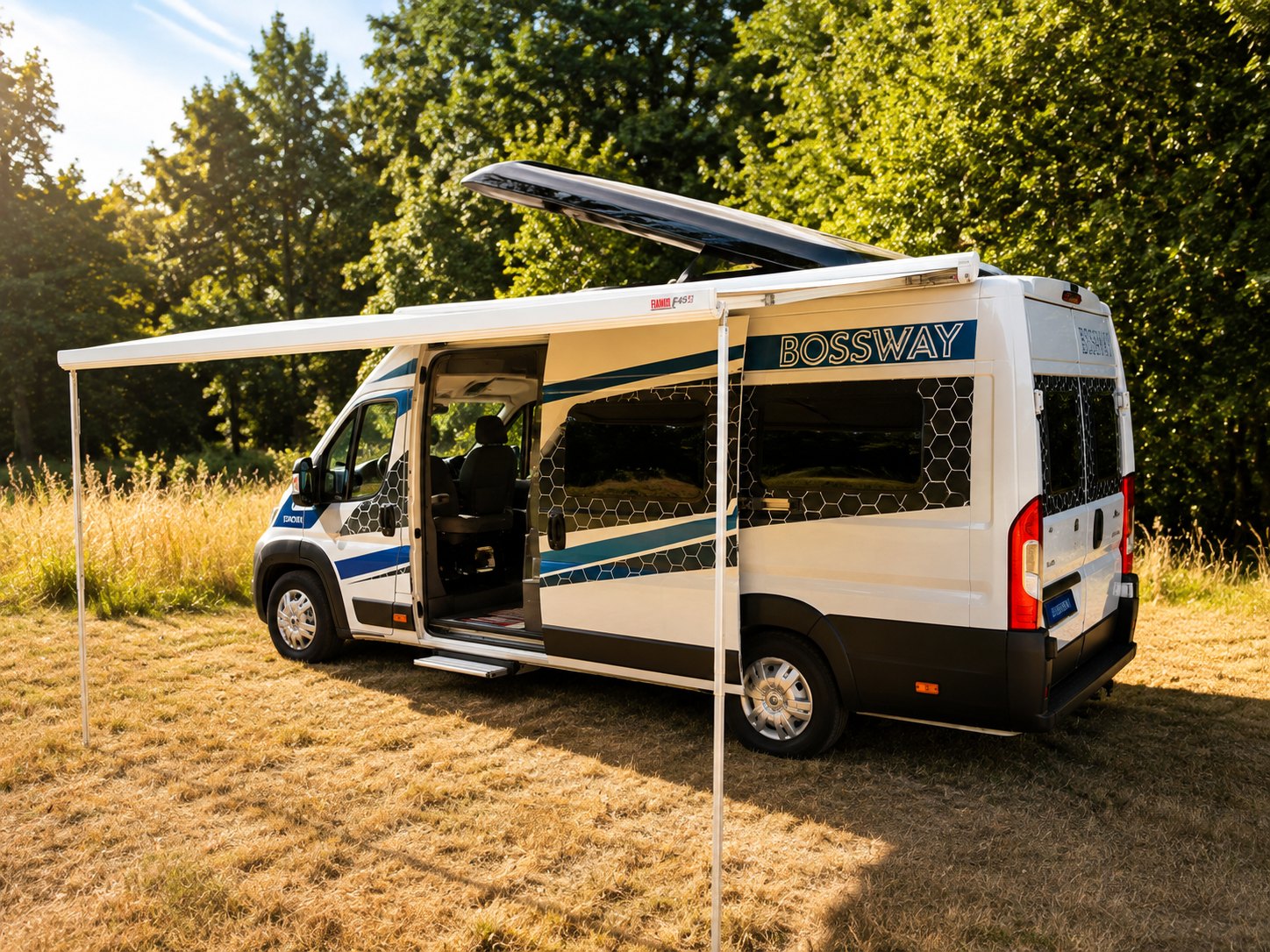 Bossway Horizon pop top campervan with awning extended