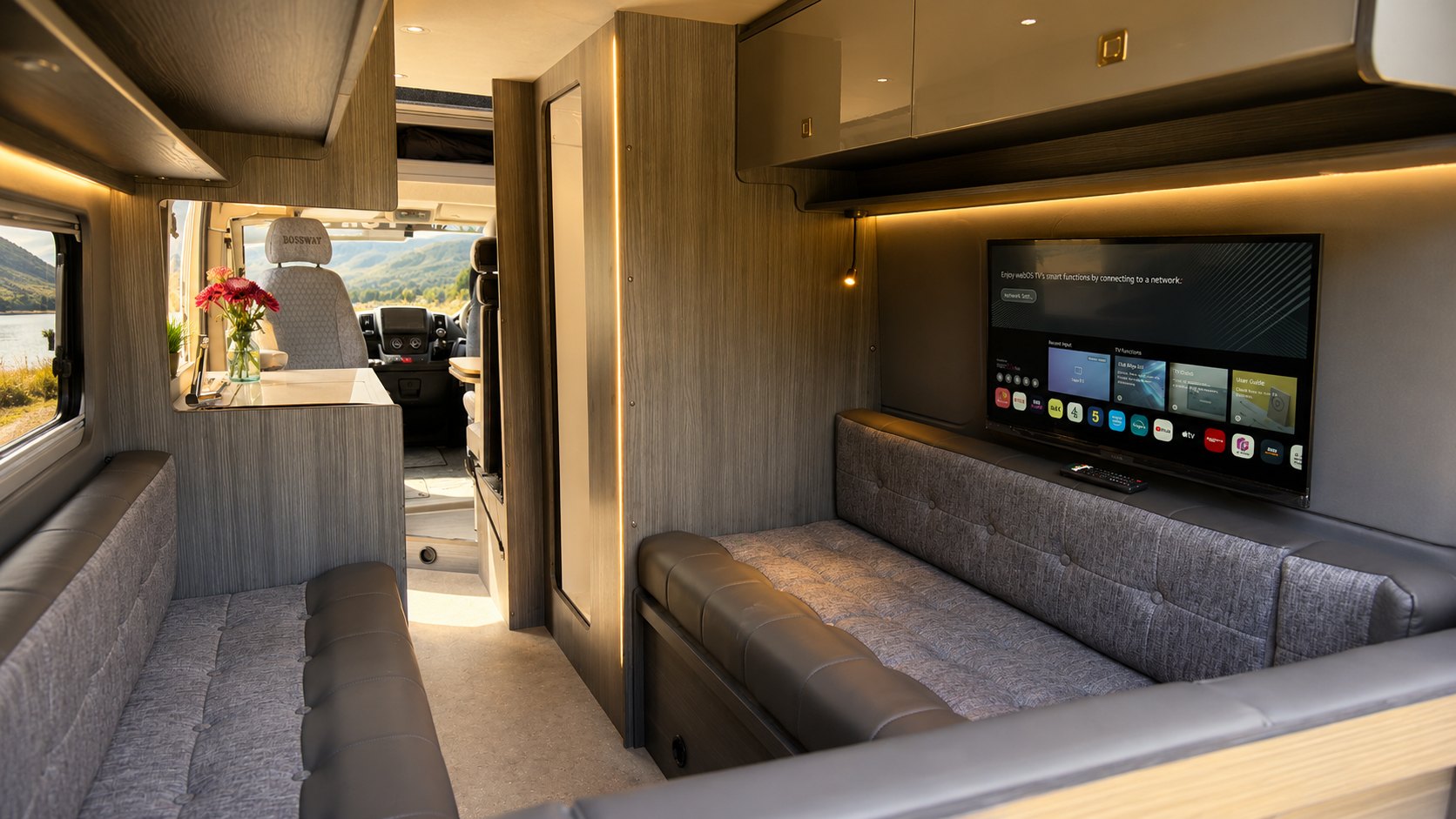 Bossway campervan dinette with lake views