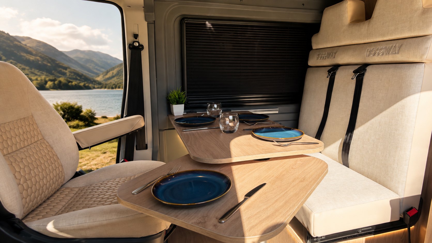 Luxury Bossway campervan rear lounge with Smart TV