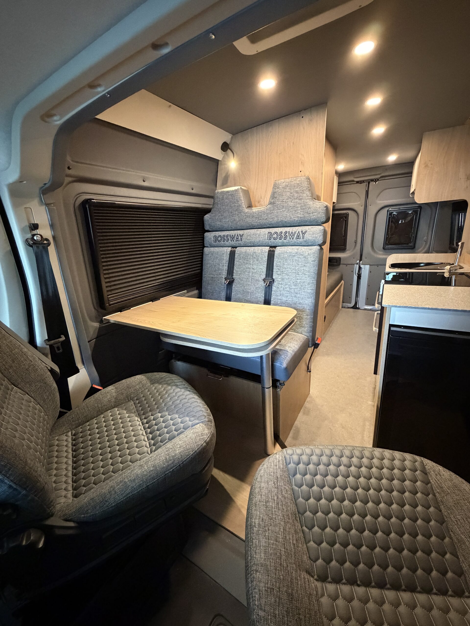 Bossway campervan rear lounge with premium lighting